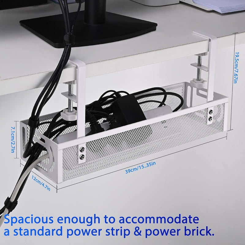 QUELIEN Under Desk Cable Management Tray Small – Clamp-Mounted Wire Organizer & Cord Management Under Desk Holder, No-Drill Metal Cable Tray for Home Office (White) - Image 4